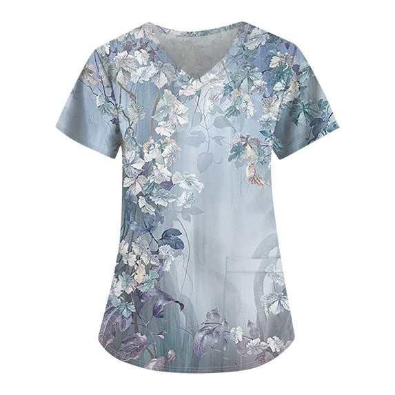 IYYVV Floral Printed Nursing Scrubs Shirts for Women 2024 New Fun Medical Plus Size Scrub Tops with Pockets Light Blue L