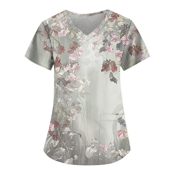 IYYVV Floral Printed Nursing Scrubs Shirts for Women 2024 New Fun Medical Plus Size Scrub Tops with Pockets Light Gray 4XL