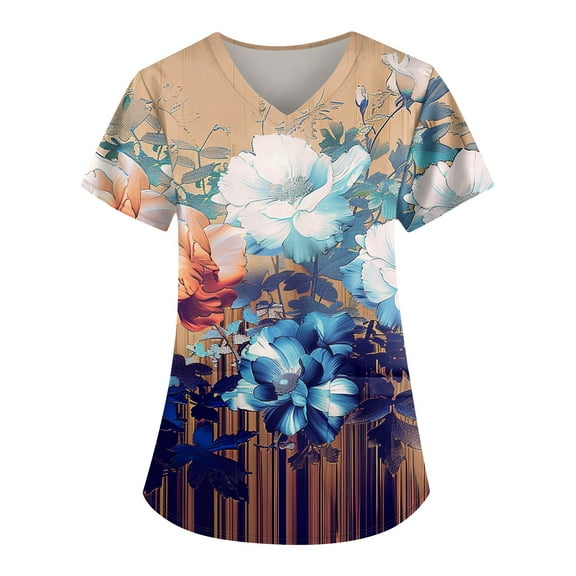 IYYVV Floral Printed Nursing Scrubs Shirts for Women 2024 New Fun Medical Plus Size Scrub Tops with Pockets Orange 4XL