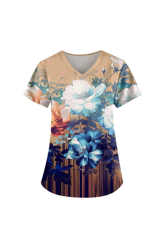 Floral Printed Nursing Scrubs Shirts for Women 2024 New Fun Medical Plus Size Scrub Tops with Pockets Orange 5XL