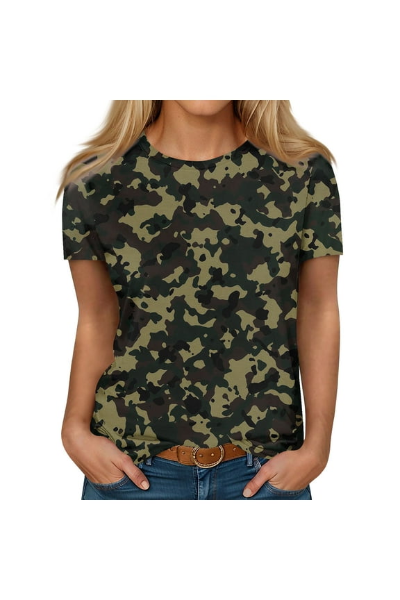 Flowy Tops For Women Short Sleeve Summer Casual Flowy Long Shirts Tunics Camouflage Print Womens Oversized Tee Shirts Spring Crewneck Sweatshirts Camouflage S