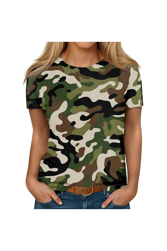 Flowy Tops For Women Summer Fashion Round Neck Shirts Camo Teacher Tshirts Short Sleeve Ladies Tops And Blouses Plus Size Spring Pullover Green XL