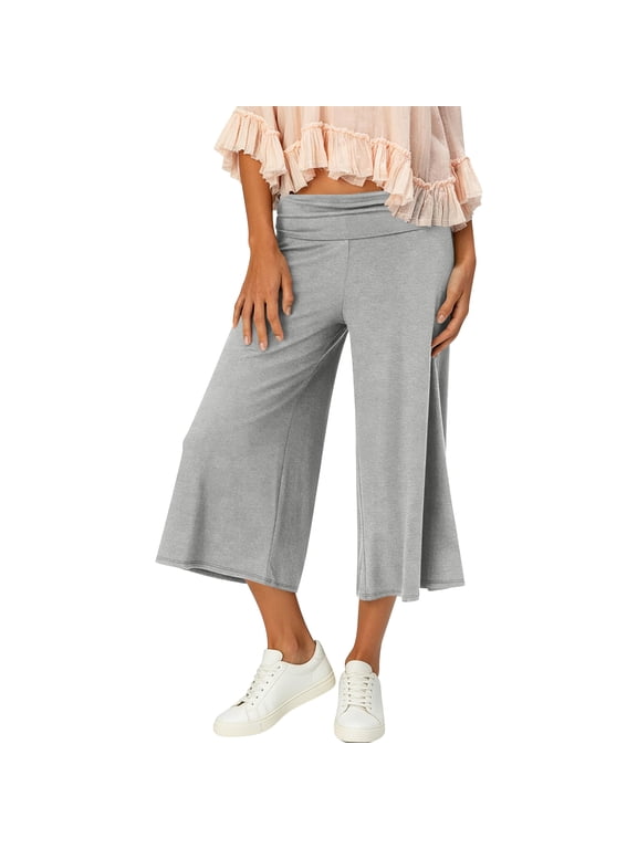 Fold Over Capri Pants for Women Low Rise Wide Leg Yoga Capris Summer Cute Going Out Flowy Gaucho Pants Streetwear Gray M