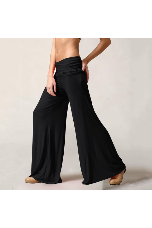 Fold Over Pants for Women Low Rise Yoga Pants Ruched Waist Casual Palazzo Pants Flare Wide Leg Leggings Black S