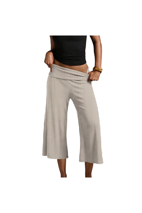 Fold Over Wide Leg Capri Pants for Women Low Rise Cropped Gaucho Pants Casual Lounge Pajamas Pants Pj Bottoms Khaki S