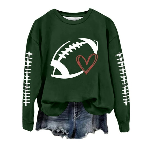 IYYVV Football Sweatshirts for Women Game Day Football Season Graphic Crewneck 2024 Long Sleeve Pullover Fall Tops Oversized Hoodie Clothes EB03-Dark Green 2XL