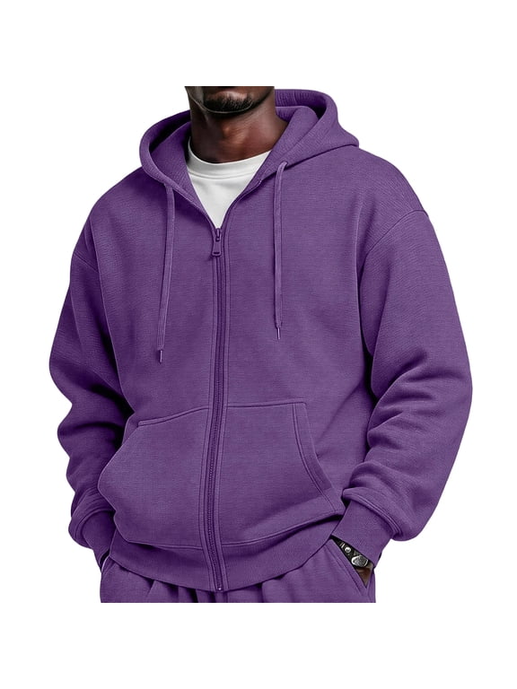 Full Zip Hoodies for Men Oversized Hooded Sweat Shirt Open Front Cardigan,Zipper Jackets, Oversize, Warm Purple M