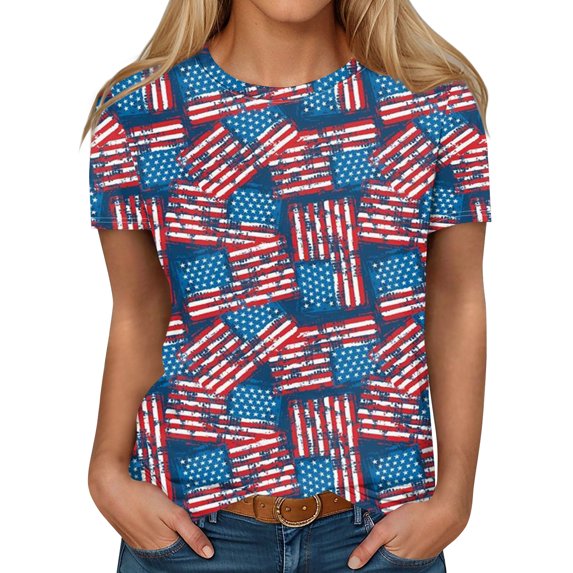IYYVV Funny 4Th Of July Shirts Trendy Summer Tops Funny Scoop Neck July 4Th Independence Day Graphic Tees Short Sleeve Plus Size Blouses For Women Spring Sweatshirt Blue L