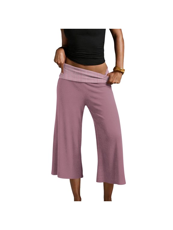 Gaucho Pants Women Fold Over Cropped Capri Pants Low Rise Wide Leg Yoga Capris Palazzo Culotte Stretch Bottoms Red S