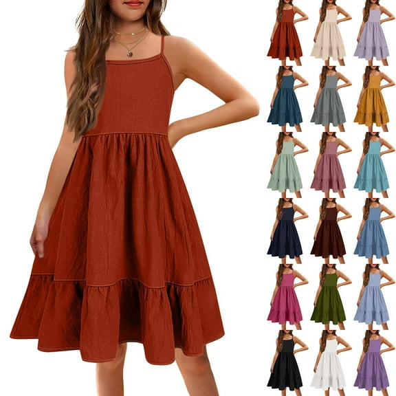 IYYVV Girl's Summer Sundress Spaghetti Strap Solid Cotton Line Midi Dress Casual Cami Dresses for 6-7 Years Cyan