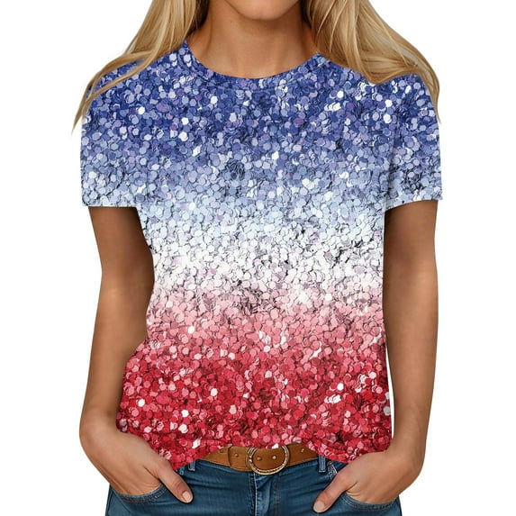 IYYVV Girls 4Th Of July Shirt Casual Summer Short Sleeve Going Out Tops For Women Loose Fit Trendy O-Neck Stars Stripes Print Tunic Top Spring T Shirts Trending Clothes Red 2XL