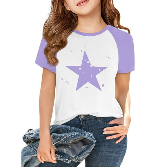IYYVV Girls Casual Short Sleeve T Shirts Kids Loose Soft Star Graphic Color Block Tunic Tops, Tees Blouses Size 3-14 Years Light Purple 150