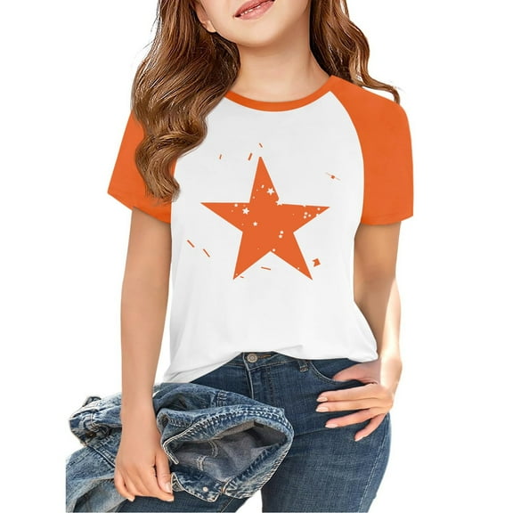 IYYVV Girls Casual Short Sleeve T Shirts Kids Loose Soft Star Graphic Color Block Tunic Tops, Tees Blouses Size 3-14 Years Orange 100