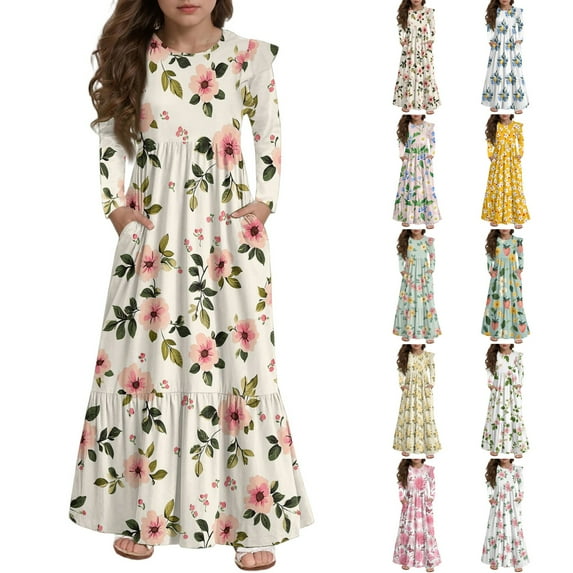 IYYVV Girls Fall Sundress Casual Ruffle Long Sleeve Smocked Aline Flowy Tiered Maxi Dresses Boho Floral Dress with Pockets for 5-6 Years Yellow