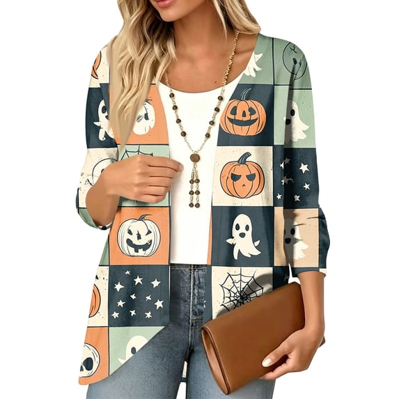 IYYVV Halloween Cardign Sweaters for Women 3/4 Sleeve Lightweight Funny Pumpkin Printed Open Front Cardigan Khaki 2XL