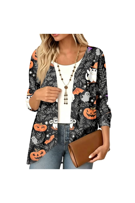 Halloween Cardign Sweaters for Women 3/4 Sleeve Lightweight Funny Pumpkin Printed Open Front Cardigan Navy 2XL