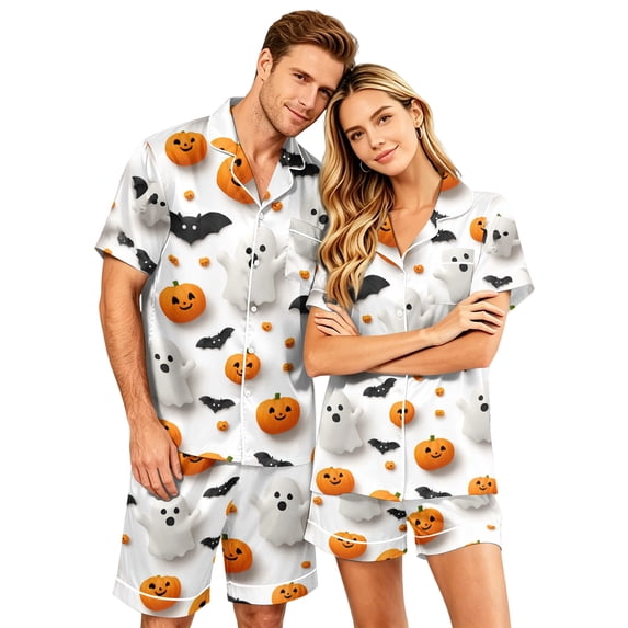 IYYVV Halloween Couple Matching Pajama Set Aesthetic Ghost Face Silk Satin Sleepwear Short Sleeve Button Down 2 Pieces Loungewear White S