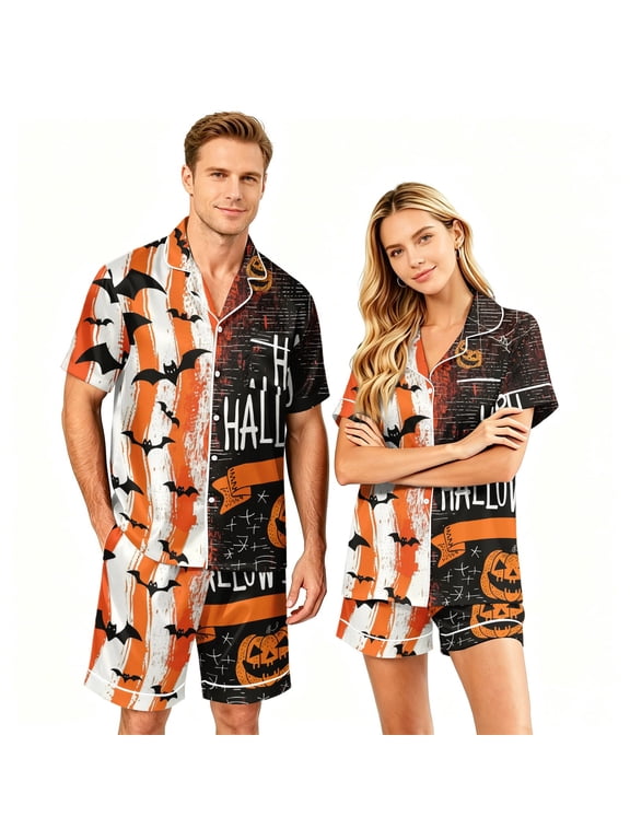 Halloween Couple Matching Pajama Set Devil Pumpkin Bats Silk Satin Sleepwear Button Down Short Sleeve 2 Pieces Loungewear White S