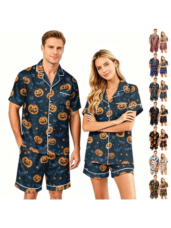 Halloween Couple Matching Pajama Set Devil Pumpkin Bats Silk Satin Sleepwear Short Sleeve Button Down 2 Piece Lounge Set White XL