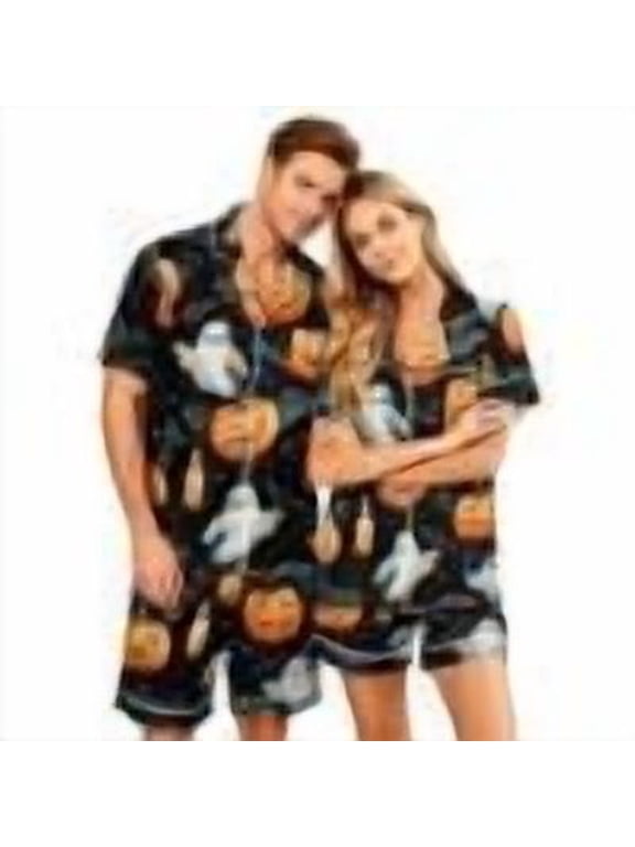 Halloween Couple Matching Satin Pajamas Sets Short Sleeve Button Down Silk Pjs Devil Spooky Ghost Sleepwear 2 Pieces Loungewear Yellow M