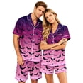 thumbnail image 1 of IYYVV Halloween Couple Matching Satin Pajamas Sets Short Sleeve Button Down Silk Pjs Goth Ghost Face Sleepwear 2 Pcs Loungewear Purple S, 1 of 5