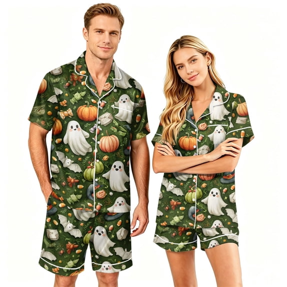 IYYVV Halloween Couple Matching Satin Pajamas Sets Short Sleeve Button Down Silk Pjs Goth Pumpkin Sleepwear 2 Pieces Loungewear Yellow L