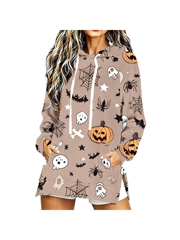 Halloween Hoodies for Women Fall Long Sleeve Drawstring Pullover Tops With Pockets Cute Pumpkin Ghost Graphic Sweatshirts Khaki 2XL