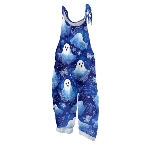 IYYVV Halloween Jumpsuit Women Sleeveless Cute Ghost Print Romper Pant Adjustable Strap Baggy Overalls Dark Blue M