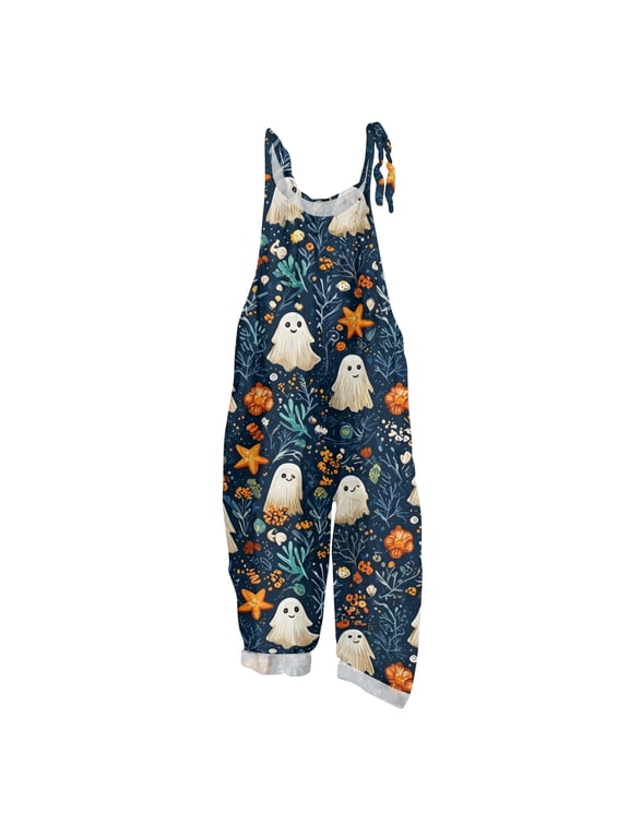 Halloween Jumpsuit Womens Sleeveless Cute Ghost Print Rompers Pant Adjustable Strap Baggy Jumpsuit Dark Blue M