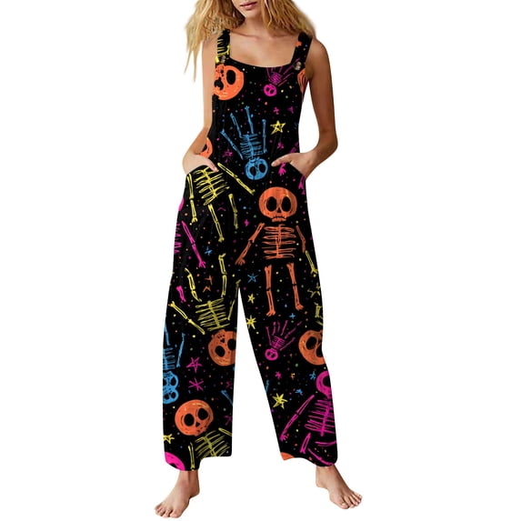 IYYVV Halloween Jumpsuit Womens Spaghetti Strap Holiday Overall Graphic Wide Leg Romper Pants with Pocket Navy XL