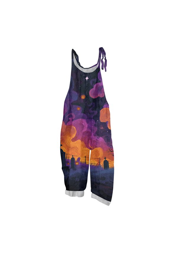 Halloween Jumpsuits for Women 2026 Sleeveless Pumpkin Graphic Rompers Pants Adjustable Strap Baggy Overalls Navy 3XL