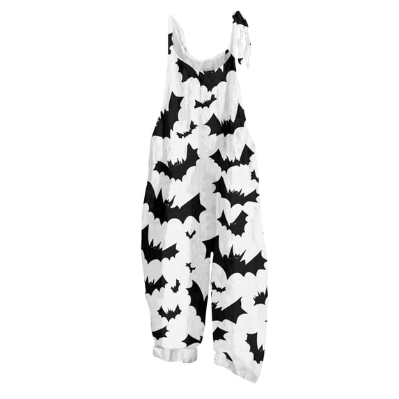 IYYVV Halloween Jumpsuits for Women 2026 Sleeveless Pumpkin Print Rompers Pant Adjustable Strap Baggy Overalls White M