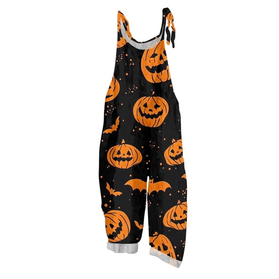 IYYVV Halloween Jumpsuits for Women 2026 Sleeveless Pumpkin Print Rompers Pants Adjustable Strap Baggy Overalls Saffron 3XL