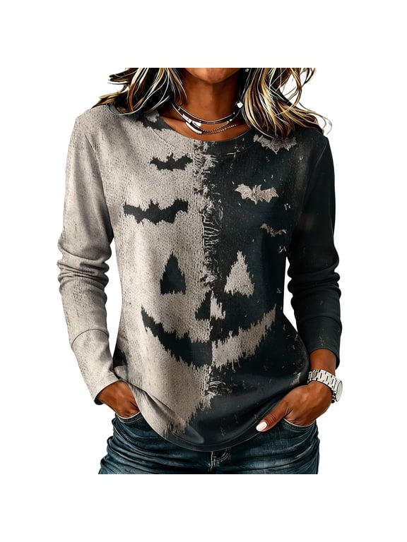 Halloween Long Sleeve Shirts for Women 2026 Plus Size Funny Cute Pumpkin Printed Shirts Casual Holiday Tops Clothes Navy L