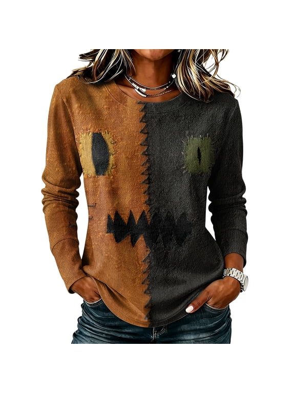 Halloween Long Sleeve Shirts for Women 2026 Plus Size Funny Cute Vintage Halloween Shirts Casual Holiday Tops Clothes Black S