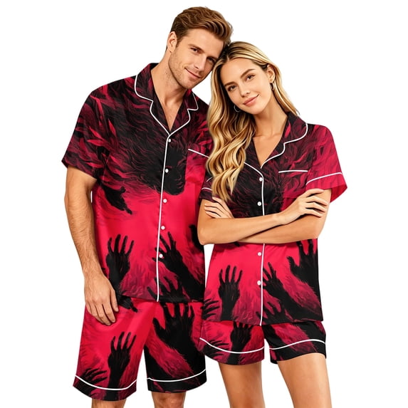 IYYVV Halloween Matching Pajamas For Couples Funny Pumpkin Bats Silk Satin Sleepwear Short Sleeve Button Down 2 Pieces Loungewear Red M