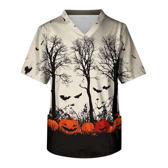 IYYVV Halloween Mens Scrub Tops V Neck Short Sleeve Graphic Nursing Uniform with Pocket Khaki XL
