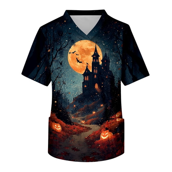 IYYVV Halloween Mens Scrub Tops V-Neck Short Sleeve Pumpkin Printed Nursing Uniforms with Pockets Light Blue S