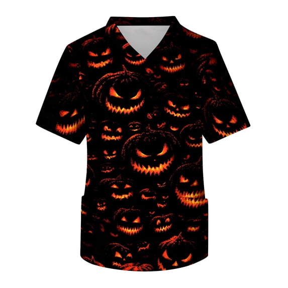 IYYVV Halloween Mens Scrub Tops with Pockets Short Sleeve V-Neck Plus Size Scrub Graphic Khaki 5XL