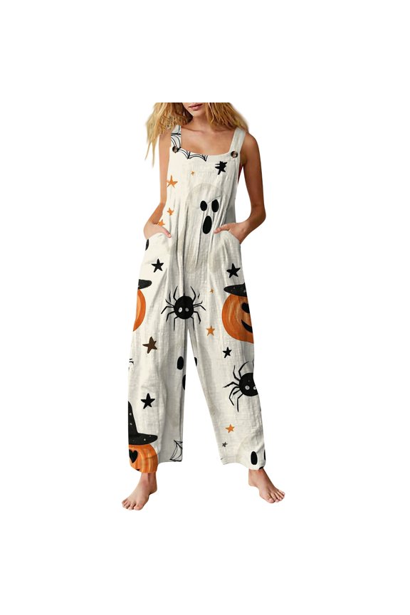 Halloween Overalls Women Plus Size Fit Casual Pumpkin Printed Jumpsuits High Waist Wide Adjustable Overall with Pockets Beige XL