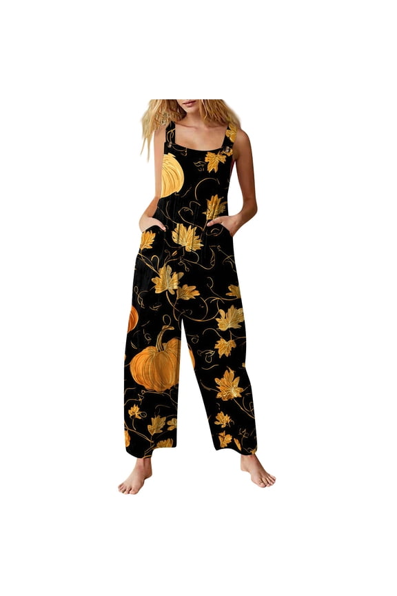 Halloween Overalls for Women 2026 Loose Wide Leg Jumpsuits Cute Pumpkin Ghost Graphic Baggy Jumpers with Pocket Comfy Summer Dark Gray L