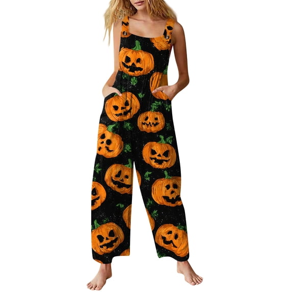 IYYVV Halloween Overalls for Women 2026 Loose Wide Leg Jumpsuits Cute Pumpkin Ghost Graphic Baggy Jumpers with Pocket Comfy Summer Saffron M