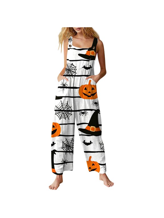 Halloween Overalls for Women 2026 Loose Wide Leg Jumpsuits Cute Pumpkin Ghost Graphic Baggy Jumpers with Pockets Comfy Summer White S