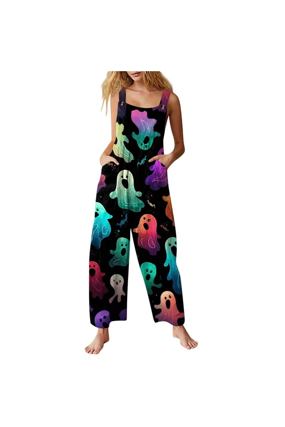 Halloween Overalls for Women Loose Wide Leg Jumpsuits Cute Pumpkin Ghost Graphic Baggy Jumpers with Pocket Comfy Summer Multicolor 2XL