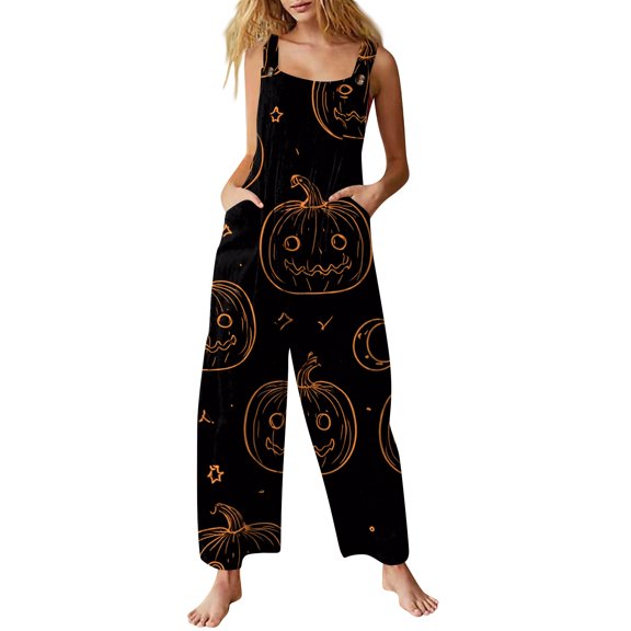 IYYVV Halloween Overalls for Women Summer Funny Pumpkins Ghost Graphic Loose Wide Leg Jumpsuits with Pockets Black 2XL