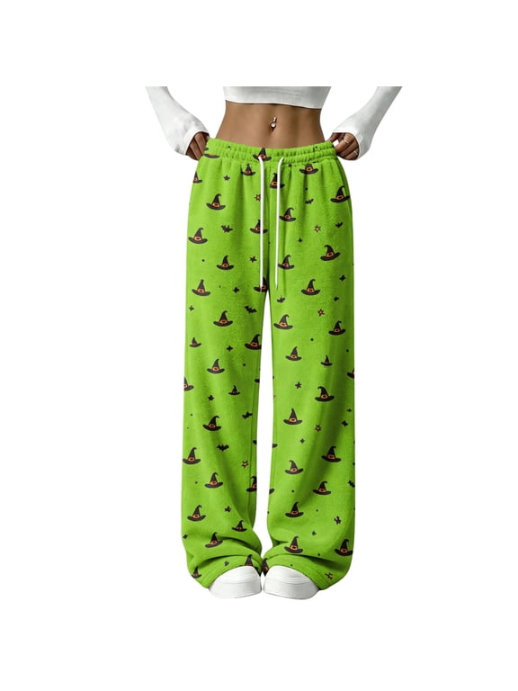 Halloween Pajama Pants Women Cute Ghost Printed Wide Leg Lounge Pants Drawstring Elastic Waist Sweatpant with Pockets Green S
