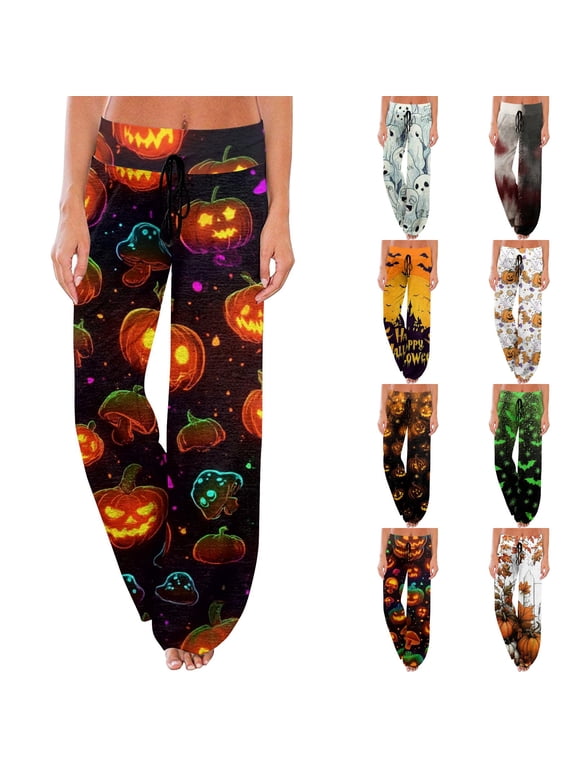 Halloween Pajama Pants Women Devil Pumpkin Bats Graphic Drawstring Pajama Bottoms Stretch Lounge Ghost Face Trendy Clothes Dark Green M