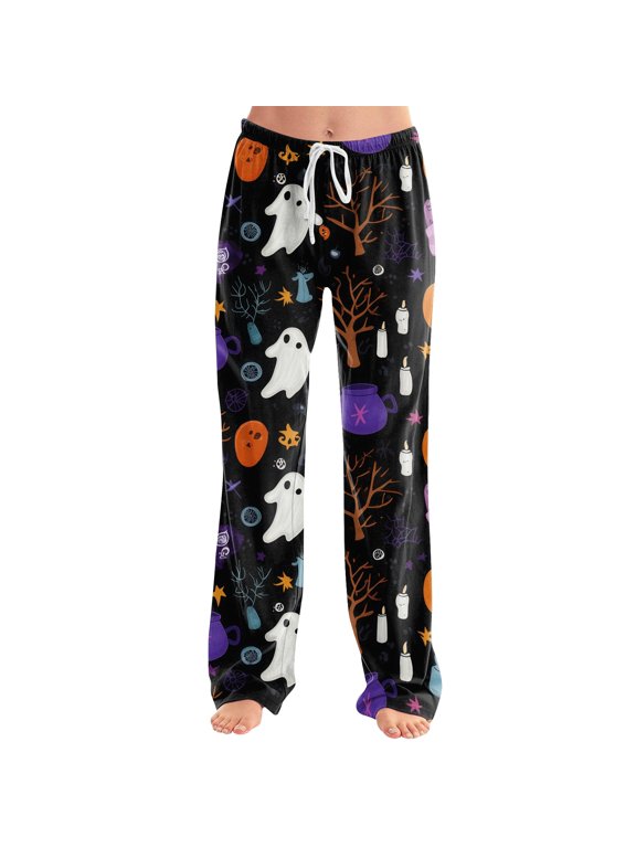Halloween Pajama Pants Women Devil Trendy Ghost Patterned Drawstring Pjs Halloween Stretch Lounge Skull Spooky Orange Fashion Clothes Purple M