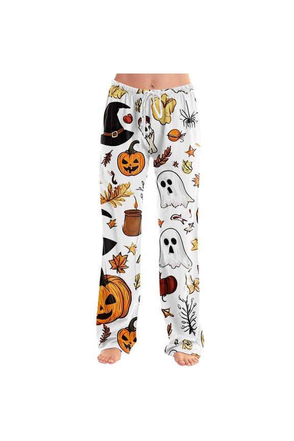 Halloween Pajama Pants Women Horror Trendy Ghost Patterned Drawstring House Bottom Stretch Lounge Ghost Face Trendy Pants White M