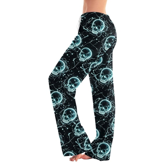 IYYVV Halloween Pajama Pants for Women Stretch Drawstring Lounge Pants Casual Pumpkin Ghost Printed Wide Leg Pjs Bottoms Cyan XL